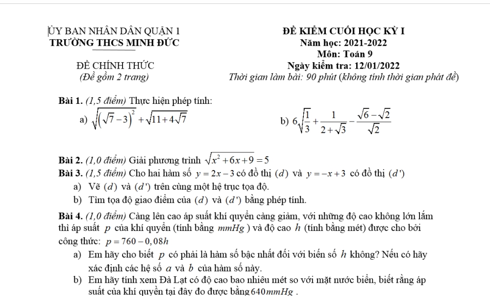 Toán 9: Đề kiểm tra cuối học kì 1. Trường THCS Minh Đức-Quận 1 năm học 2021-2022